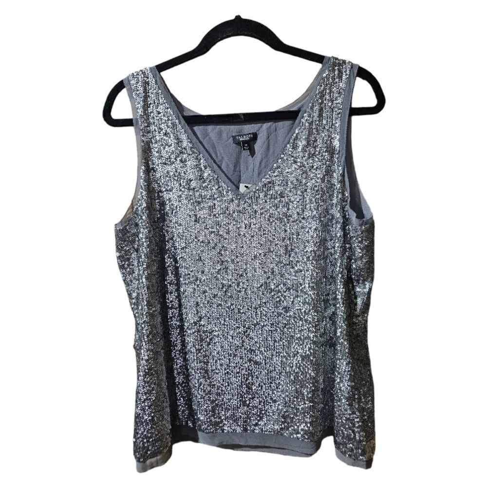 TALBOTS Silver Sequin V-Neck Sleeveless Top Tank - Size 14